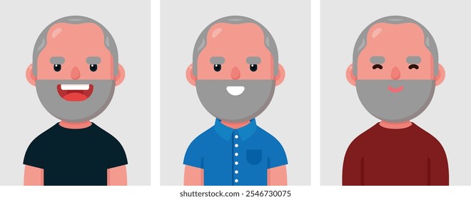 Conjunto de retratos planos de homem velho com cabelo branco. Coleção de personagem de desenho animado colorido homem em diferentes poses e roupas, perfis de imagens, ilustração vetorial.