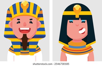 Conjunto de retratos planos de gente de los faraones. Colección de personajes de dibujos animados de colores mujer y hombre con vestido tradicional del Egipto faraónico, imagen de perfil, Ilustración vectorial.