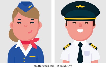 Conjunto de retratos planos de Piloto e comissário de bordo. Coleção de personagens de desenhos animados coloridos mulher e homem, imagem de perfil, ilustração vetorial.