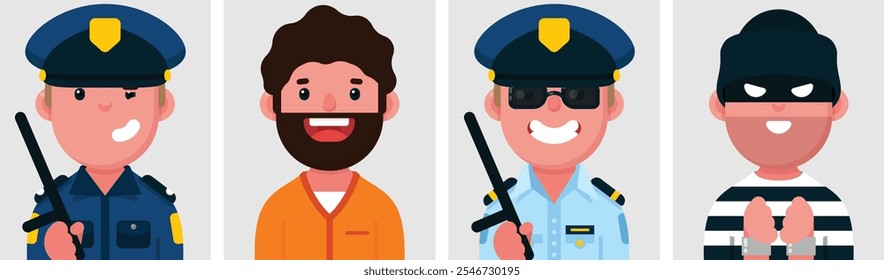 Conjunto de retratos planos de policial e ladrão e prisioneiro. Coleção de personagens de desenhos animados coloridos homens, perfis imagem, ilustração vetorial.