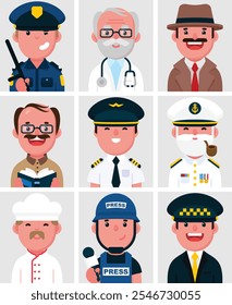 Conjunto de retratos planos de profissionais pessoas. Coleção de personagens masculinos de desenhos animados coloridos, Policial, Doutor, Pesquisador, Professor, Piloto, Almirante Naval, Cook, Imprensa, Taxista, ilustração