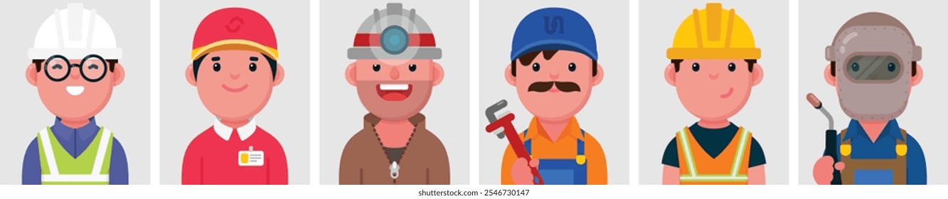 Conjunto de retratos planos de personas Profesiones. Colección de personajes masculinos de dibujos animados de colores, ingeniero, Post Boy, minero, fontanero, masón, soldador, Ilustración vectorial.