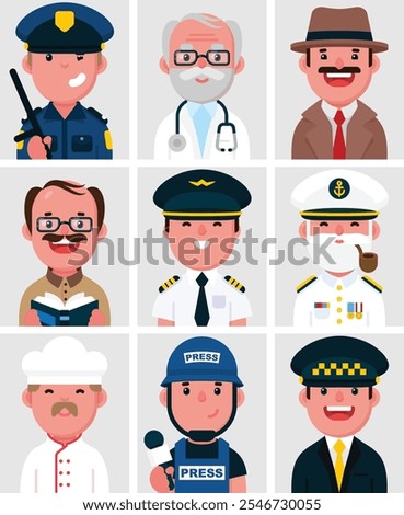 Set of flat portraits of Professions people. Collection of colored cartoon male characters, Policeman, Doctor, Investigator, Teacher, Pilot, Naval admiral, Cook, Press, Taxi Driver, illustration