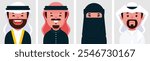 Set of flat portraits of Saudi Arabia people. Collection of colored cartoon characters arabic woman and man wearing Traditional dress of KSA, profile picture, vector illustration.