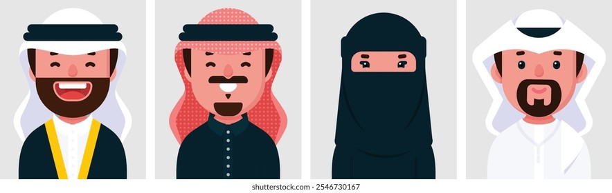 Set of flat portraits of Saudi Arabia people. Collection of colored cartoon characters arabic woman and man wearing Traditional dress of KSA, profile picture, vector illustration.