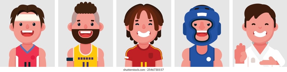 Set of flat portraits of sport men. Collection of colored cartoon characters athlete men, profiles picture, Football, Basketball, Volleyball, Boxing, Karate, vector illustration.