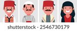 Set of flat portraits of Syrian people. Collection of colored cartoon characters arabic woman and men wearing Traditional dress of damascus in syria, profile picture, vector illustration.