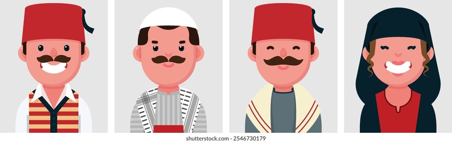 Set von flachen Porträts des syrischen Volkes. Sammlung von farbigen Cartoon-Figuren arabische Frau und Männer tragen Traditionelle Kleid von Damaskus in Syrien, Profilbild, Vektorgrafik.