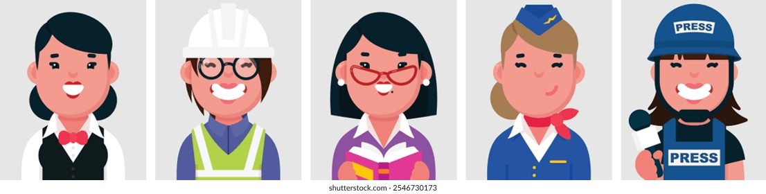 
Conjunto de retratos planos de profissões femininas. Coleção de personagens de desenhos animados coloridos mulheres, imagem de perfis, comissária de bordo, garçonete, engenheiro, professor, repórter de notícias, ilustração vetorial.