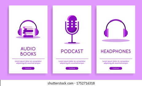 Set of flat posters in purple on the subject of podcasting, audio books and headphones. Stylish flat vector isolated illustrations on white background.