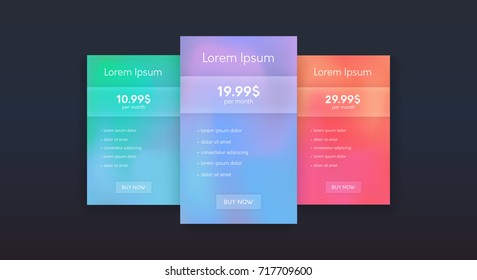 Set of flat price list. Three banners with tariffs. Modern web promo elements.