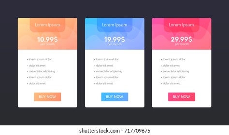 Set of flat price list. Three banners with tariffs. Modern web promo elements.