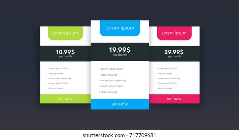 Set of flat price list. Three banners with tariffs. Modern web promo elements.