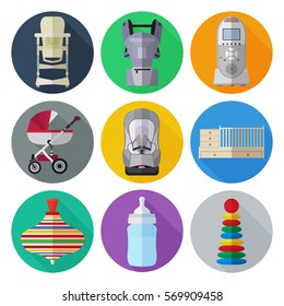 Set of flat products icons for a newborn. Objects for newborns. Set of  baby stuff  vector illustration