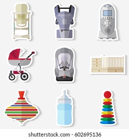 Set of flat products icons for a newborn. Stickers for newborns. Set of stickers baby stuff on white background  vector illustration