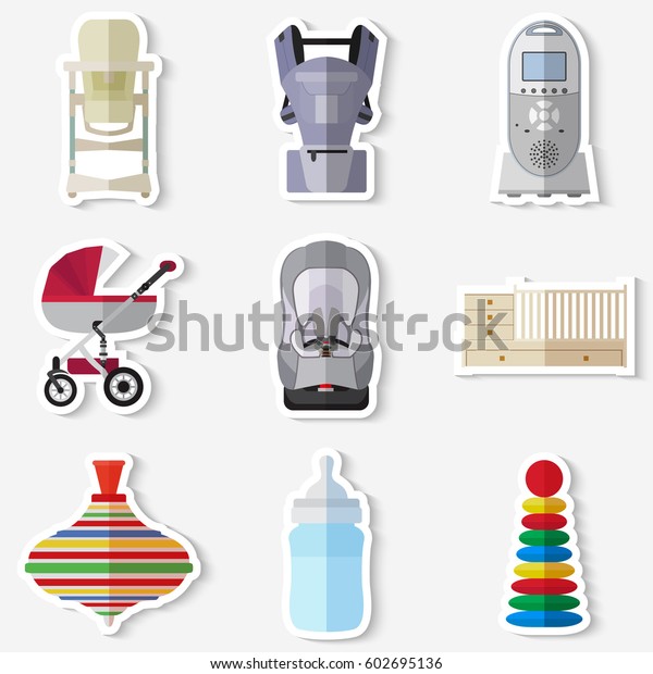 Set of flat products icons for a newborn.\
Stickers for newborns. Set of stickers baby stuff on white\
background  vector\
illustration
