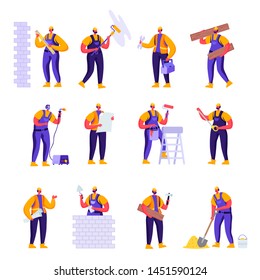 Set Of Flat Professional Construction Workers Engineers Characters. Cartoon People Male In Uniform Overalls And Helmets With Equipment. Vector Illustration.