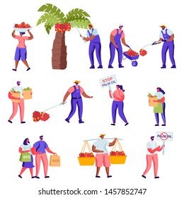 Set of Flat Protesting Against Palm Oil Manufacture Producing Characters. Cartoon Protesters with Banners, Workers Collect Fruits, Reusable Packaging. Vector Illustration.