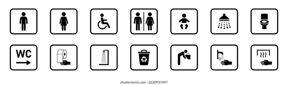 Set of flat public facility icons including male, female, accessible restrooms, baby changing, shower, toilet, hygiene, waste bin, hand dryer, and WC signs for signage use. Restroom, icons.