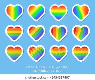 Set of flat rainbow heart stickers, symbolizing love and diversity, perfect for Pride month events. Cute puffy colorful heart shape labels, icons on blue background. Hearts with LGBT flag pattern
