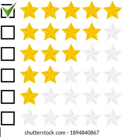 Set of flat rating star icons with a check mark in the checkbox isolated on a white background. Vector illustration.