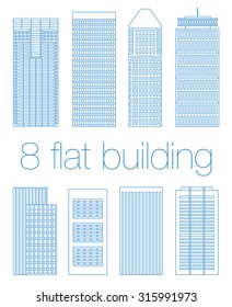 Set Of Flat  Real  Buildings In Commercial World. The Houses Is Flat Style In The Form Of Lines. Vector Collection Of Buildings In The Trend. Illustration Of Estate Buildings In Big Cities