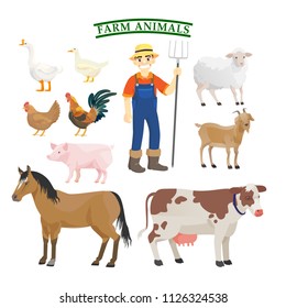 Set of flat realistic character of farmer and goose duck chicken goat sheep pig horse cow  farm animal isolation on white background illustration.