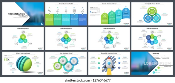 Set of flat and realistic infographic design templates - sphere, gear, spaceship business models, bar charts, cycle diagrams with round elements. Vector illustration for presentation slides, banner.