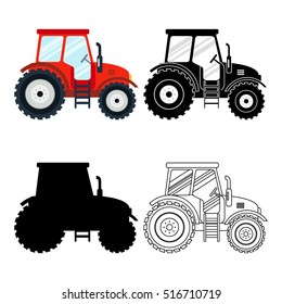 Set of flat red, black, thin line tractors on the white background. Farming vehicle icon machinery, agricultural transport - vector stock.