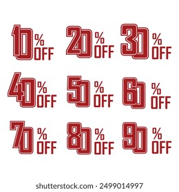 A set of flat red numbers at a discount. Collection of discount tags. 10%, 20%, 30%, 40%, 50%, 60%, 70%, 80%, 90%, percentage - vector illustration.