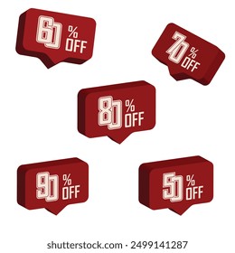 Un conjunto de números rojos planos con descuento. Colección de etiquetas de descuento. 10%, 20%, 30%, 40%, 50%, 60%, 70%, 80%, 90%, porcentaje - Ilustración vectorial.