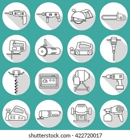 Set of flat repair tool icons. Home repair tools pictogram. Worker tools. Electric tools. Tools sign. Vector illustration.