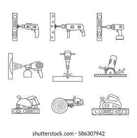 Set of flat repair tool icons. Home repair tools pictogram. Worker tools. Electric tools. Tools sign. Vector illustration.