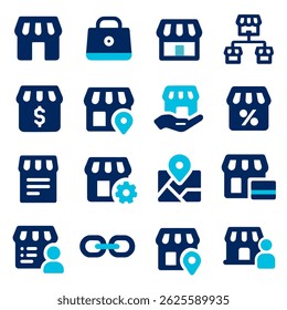 Set of Flat Retail Store Icons Online Shopping, Location, Franchise, and More
