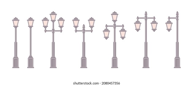 Set of flat retro streetlamps. Minimalistic gray streetlights on white background. 