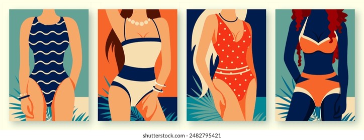 Set of flat retro summer posters with women figures in a swimsuit on beach background. Vector illustration