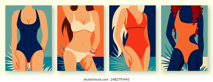 Set of flat retro summer posters with women figures in a swimsuit on beach background. Vector illustration