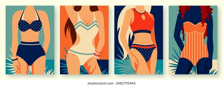 Set of flat retro summer posters with women figures in a swimsuit on beach background. Vector illustration