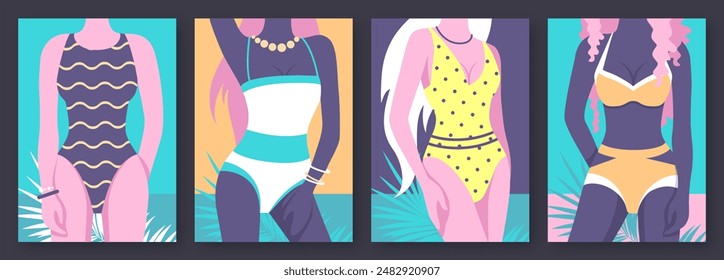 Set of flat retro summer posters with women figures in a swimsuit on beach background. Vector illustration