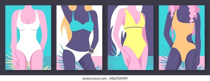 Set of flat retro summer posters with women figures in a swimsuit on beach background. Vector illustration