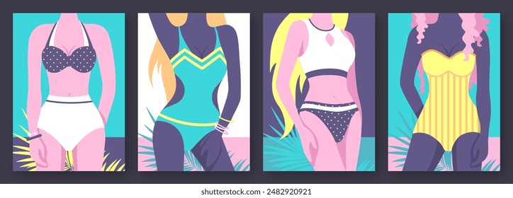 Set of flat retro summer posters with women figures in a swimsuit on beach background. Vector illustration