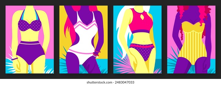 Set of flat retro summer posters with women figures in a swimsuit on beach background. Vector illustration