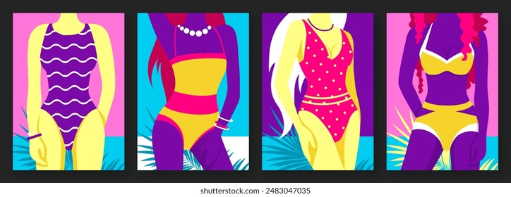 Set of flat retro summer posters with women figures in a swimsuit on beach background. Vector illustration