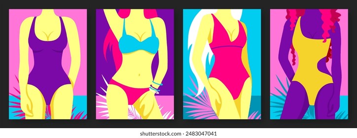 Set of flat retro summer posters with women figures in a swimsuit on beach background. Vector illustration