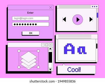 Set of flat retrowave UI and UX elements: dialog box, tab, button, modal window.