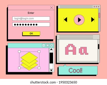 Set of flat retrowave UI and UX elements: dialog box, tab, button, modal window.