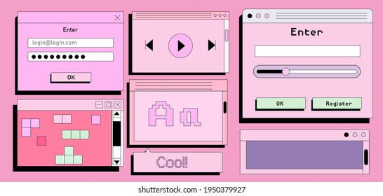 Set aus flachen Retrowave-UI- und UX-Elementen: Dialog, Tabulator, Schaltfläche, Modalfenster.