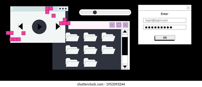 Set of flat retrowave UI and UX elements: dialog box, tab, button, modal window.