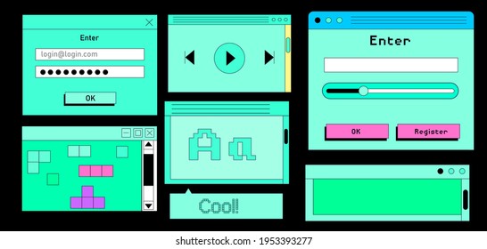 Set of flat retrowave UI and UX elements: dialog box, tab, button, modal window.