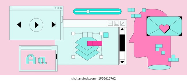 Set of flat retrowave UI and UX elements: dialog box, tab, button, modal window.